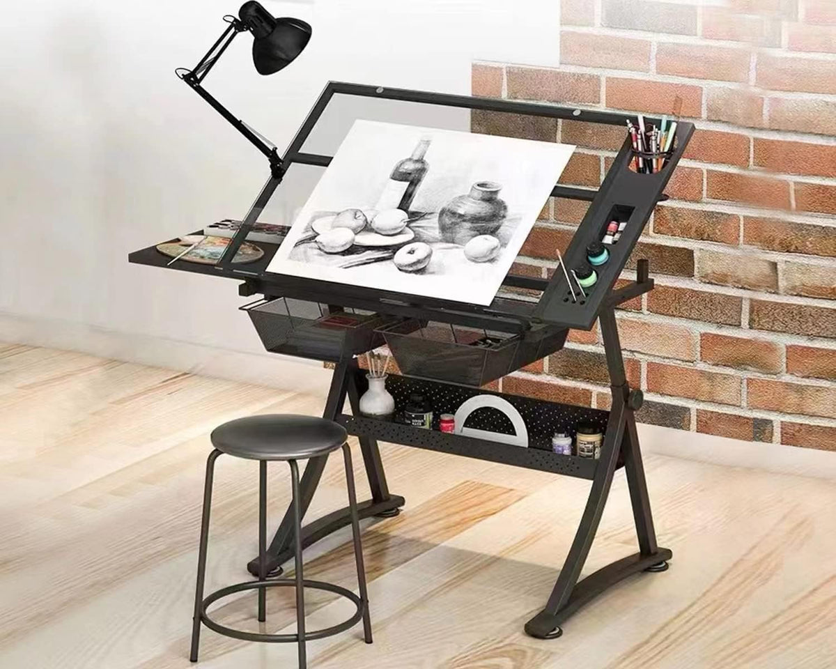 Glass Drafting Table Art Desk â Adjustable Professhional Artwork Drawing Drafting Table Desk, Glass-Topped Art Table for Craft Station Studio Home Office School w/Drawers (Black)