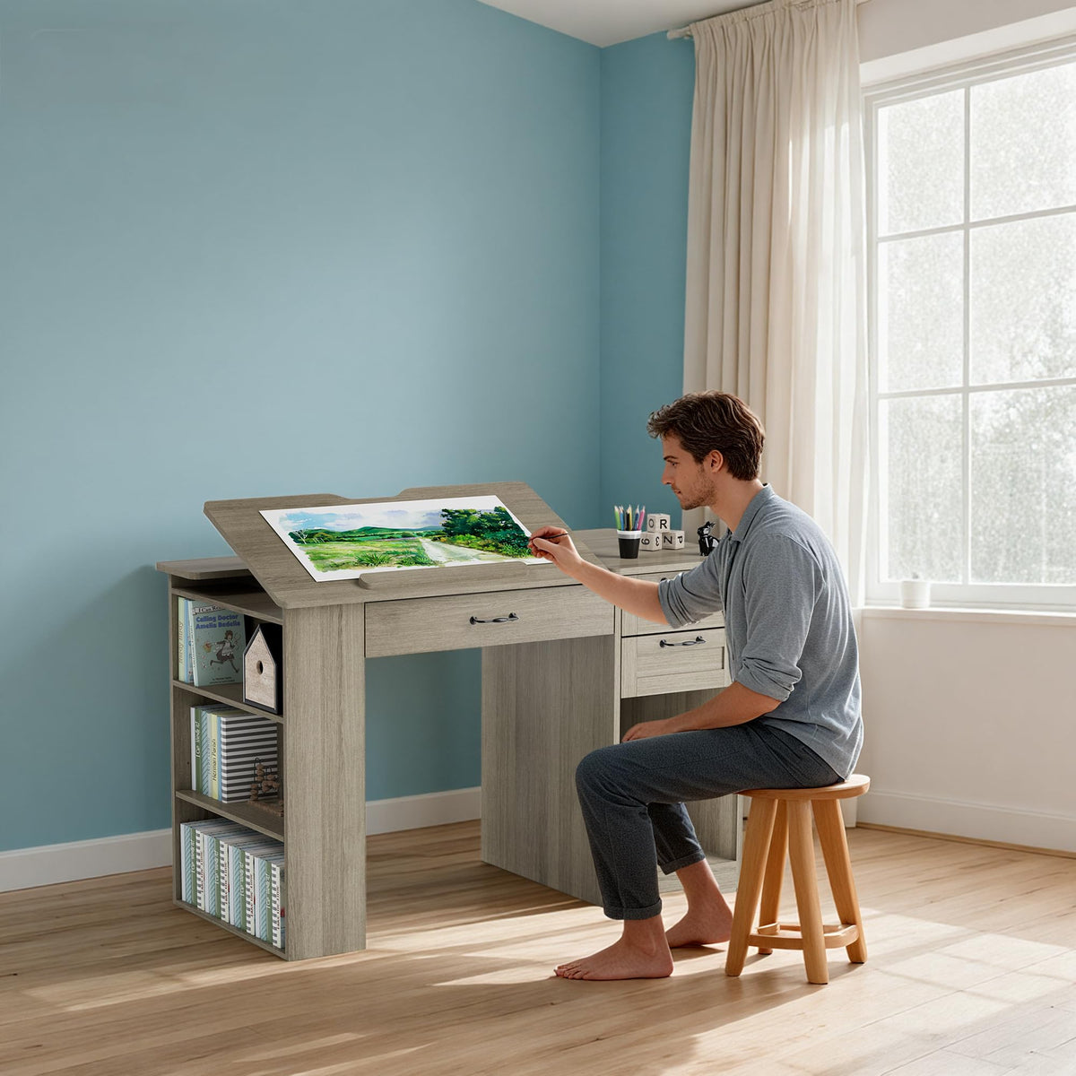 Drafting Table with Storage Cabinet & Drawers, Adjustable Drawing Table with Open Shelves, Craft Art Desk for Artists, Painters, Drawing, Crafting, Reading, Writing, Working