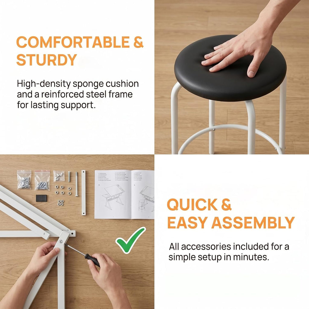 Height Adjustable Drafting Table Drawing Table Artist Desk Tilting Tabletop Art Craft Desk with 2 Storage Drawers and Stool, Art Craft Desk for Artist Painters Drawing Painting (All White)
