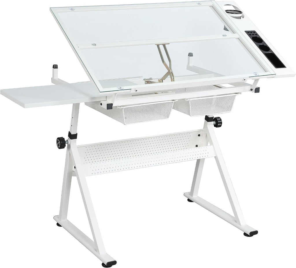 White Drafting Table with Stool Height Adjustable Art Craft Desk with Storage, Tilting Tempered Glass Tabletop, Expansion Board, Drawing Table for Home Office, Artists, Painters