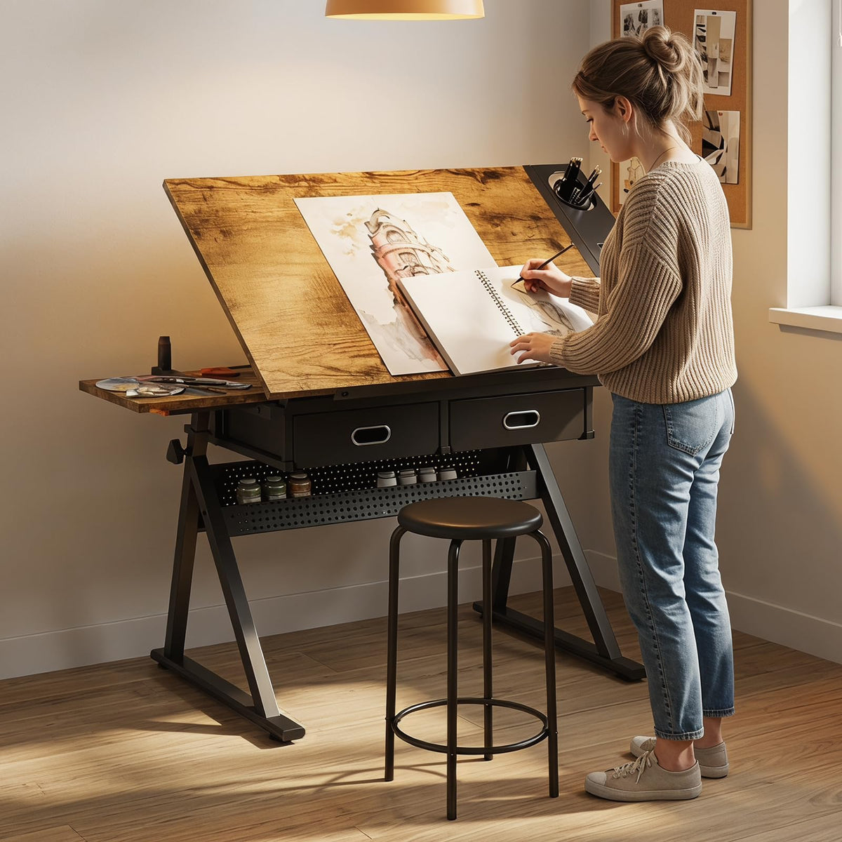 Height Adjustable Drafting Table Drawing Table Artist Desk Tilting Tabletop Art Craft Desk with 2 Storage Drawers and Stool, Art Craft Desk for Artist Painters Drawing Painting (All White)
