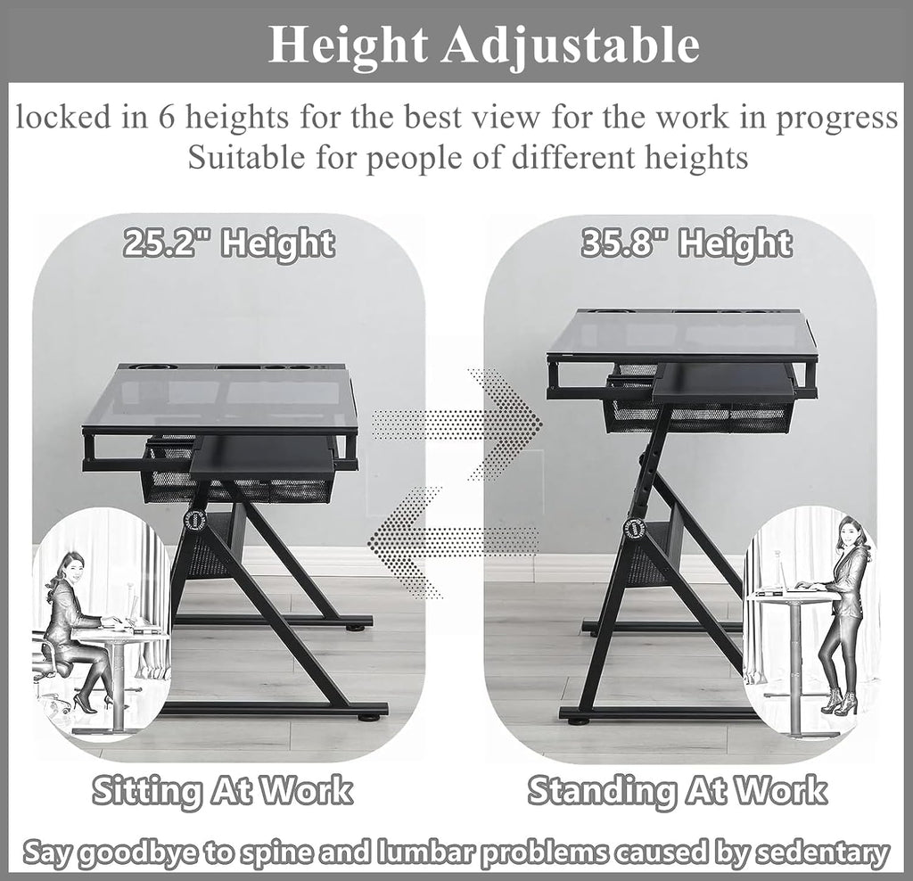 Drafting Table for Artists, Glass Drawing Table with Stool,T1-Black