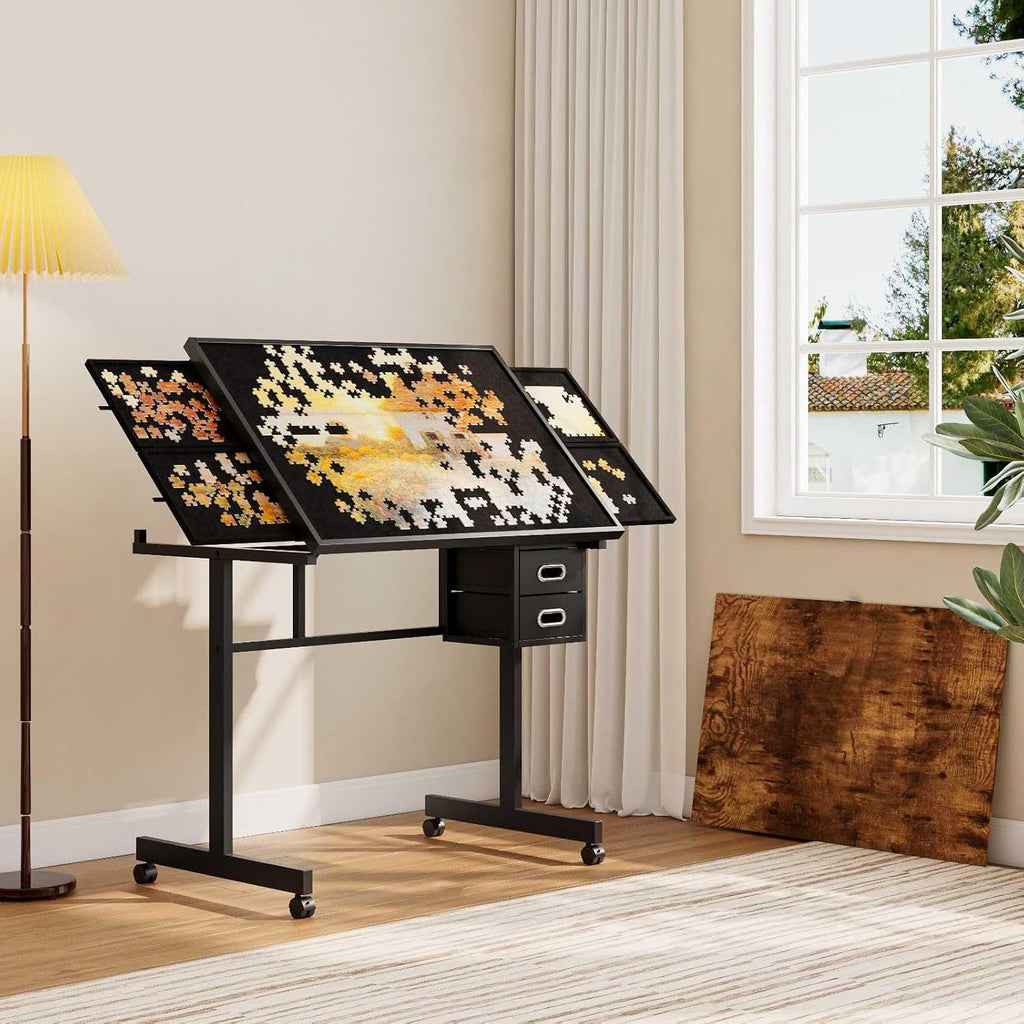 Adjustable Puzzle Table with Cover and 4 Storage Trays,1000 Pieces Jigsaw Puzzle Board with 2 Drawers and Wheels, Tilting Drafting Desk for Home Office, Art Projects, Crafting