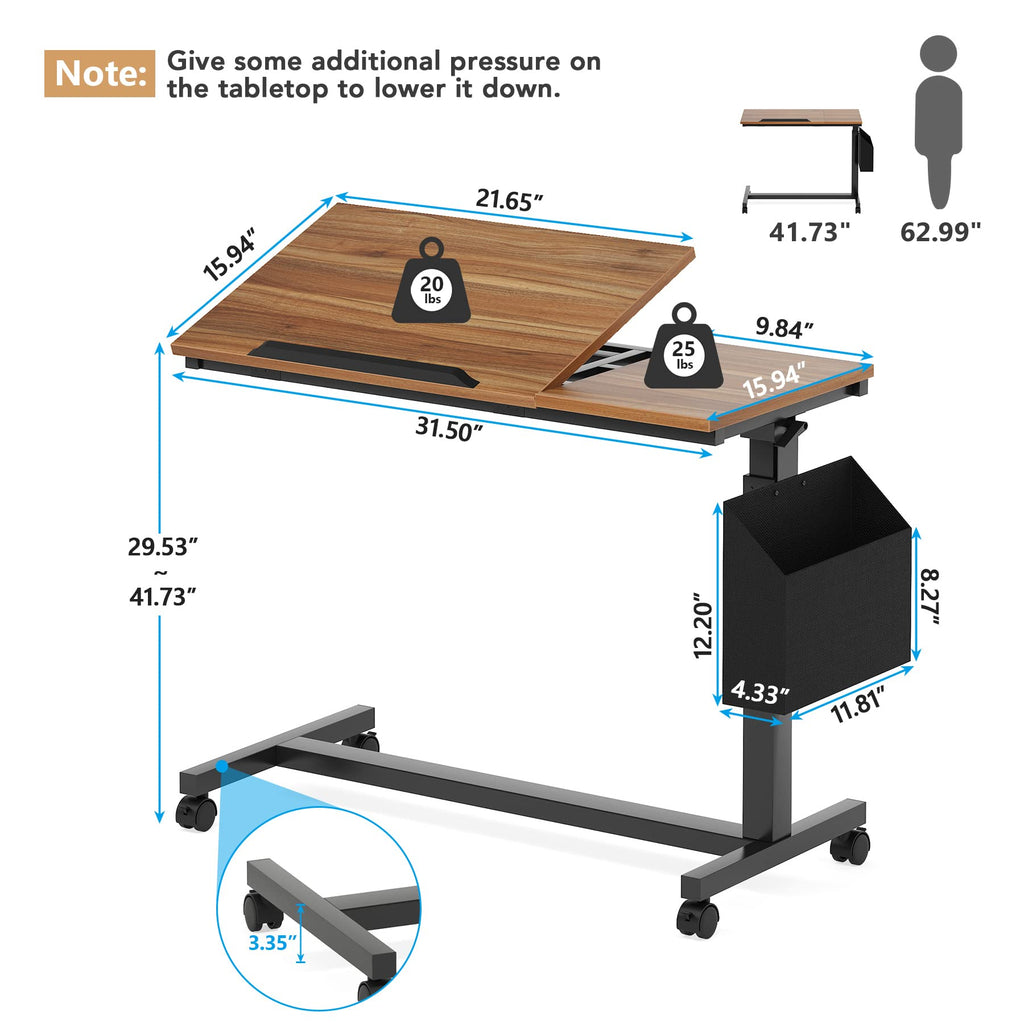 Tribesigns Height Adjustable C Shaped End Table with Wheels and Side Pocket, Mobile Sofa Snack Table with Tiltable Drawing Board, Laptop Side Tray Table for Couch Bed (Rustic Brown)