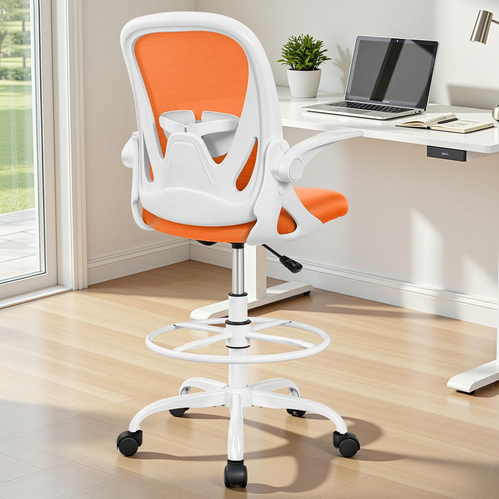 Drafting Chair Tall Office Chair with Flip-up Armrests, Adjustable Height, and Enhanced Lumbar Support - Ergonomic Rolling Stool, Back Support, and Adjustable Foot Rest Ring for Standing Desk White