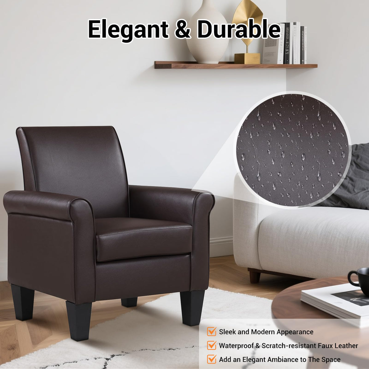 Faux Leather Accent Chair Set of 2, Mid Century Modern Living Room Chair, Upholstered Comfortable PU Leather Armchair for Bedroom, Office or Waiting Areas-Black