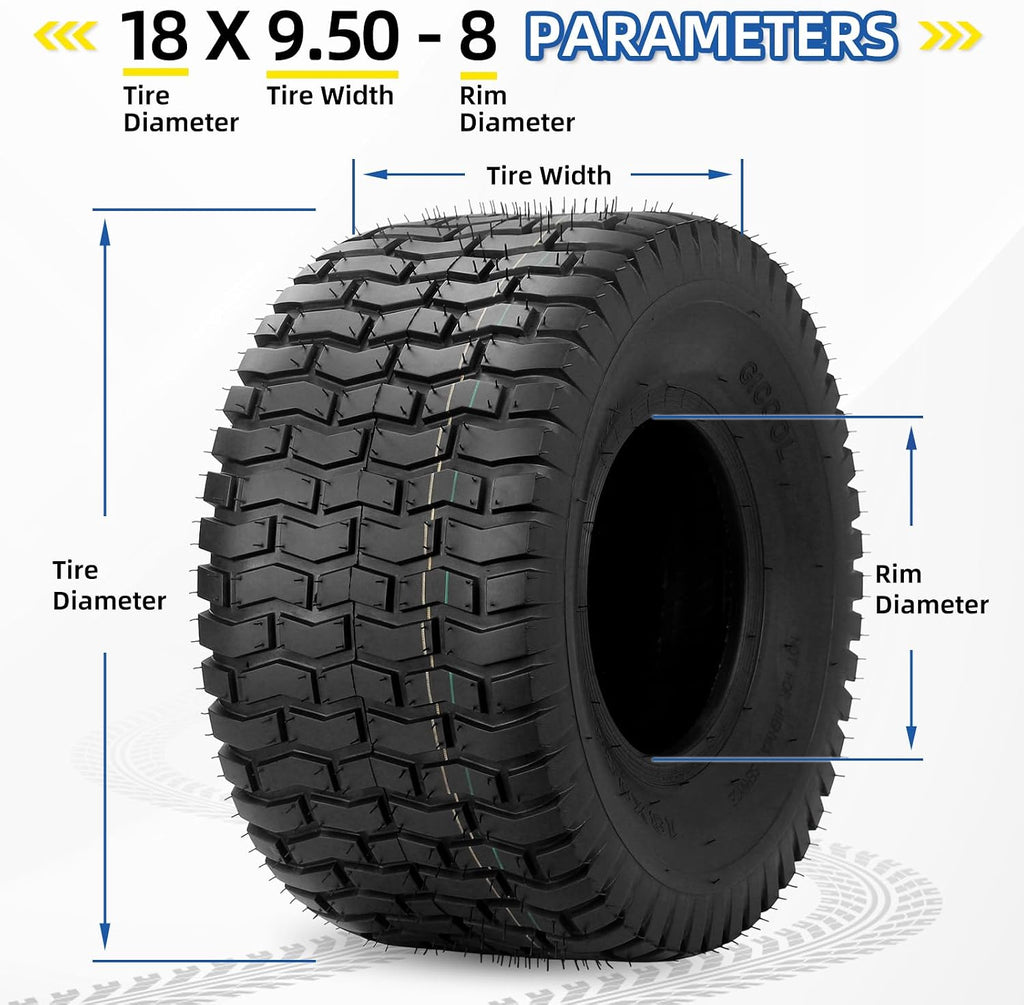 GICOOL 18x9.50-8 Tubeless Lawn Mower Tire for Riding Mower Tractor, 4 Ply