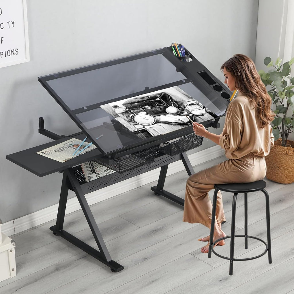 Drafting Table for Artists, Glass Drawing Table with Stool,T1-Black