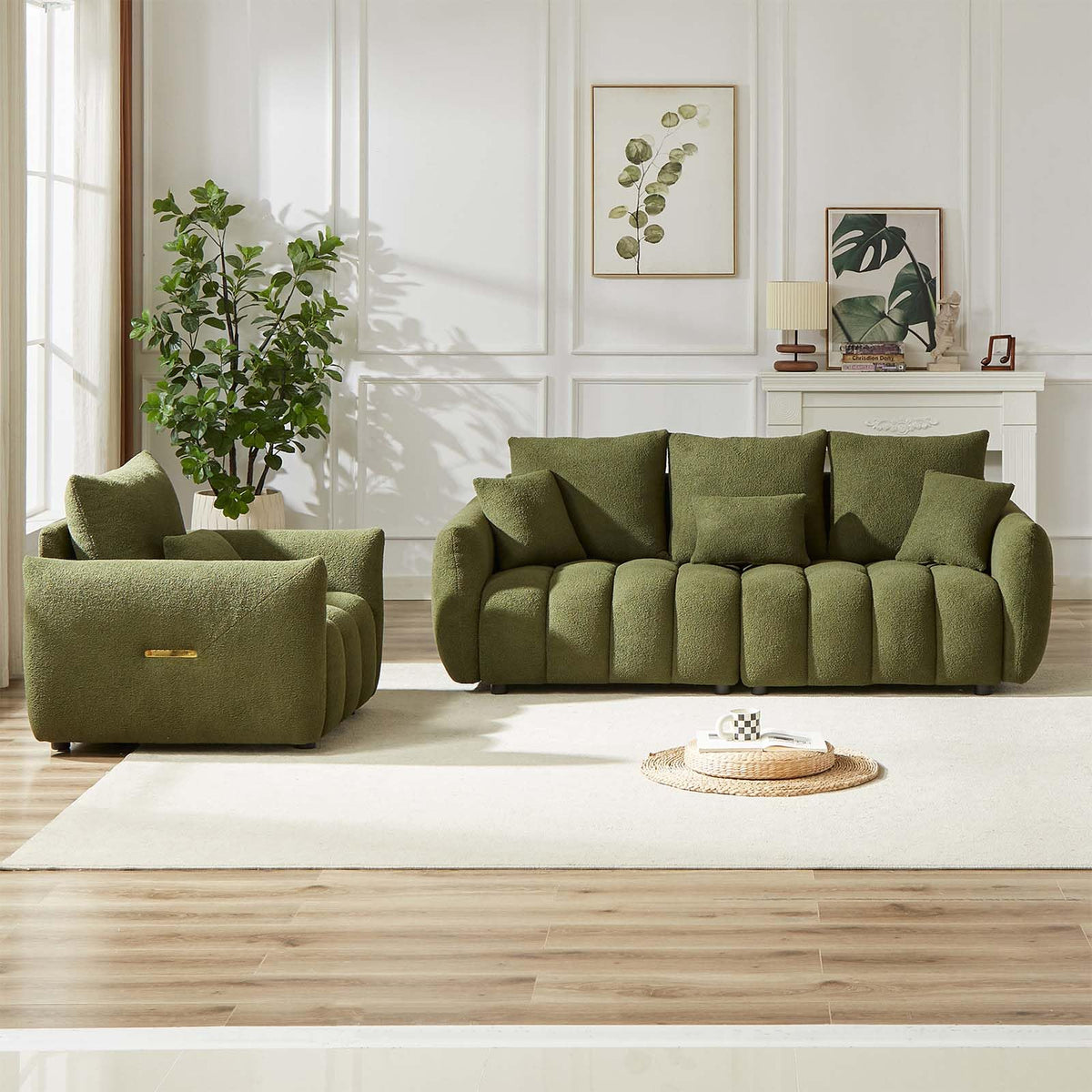 Antetek Teddy Fabric Sofa Set for Living Room, 2 Pieces Modern Deep Seat Oversized 3-Seater Cloud Boucle Couch for Bedroom, Office, Apartment, Furniture Set, 78-inch, Black (2 Pieces)