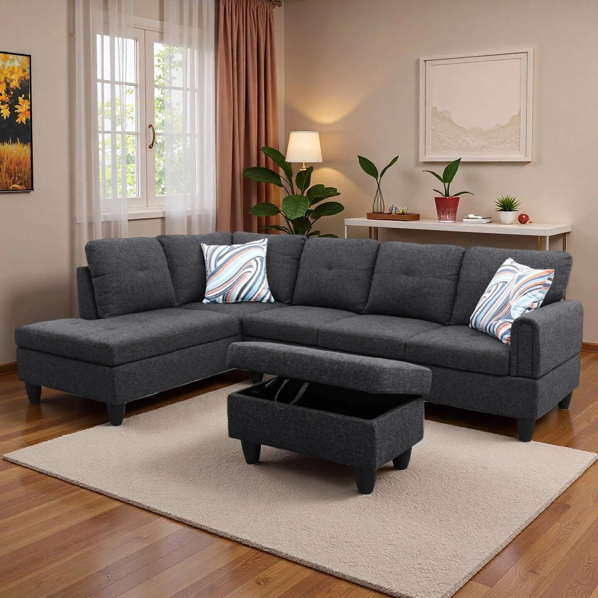 97.5" L-Shaped Modular Sectional Sofa with Movable Chaise & Storage Ottoman, 3 Piece Convertible Leather Couch, 4 Seat Gloss Black Living Room Furniture Set for Apartment Home Office