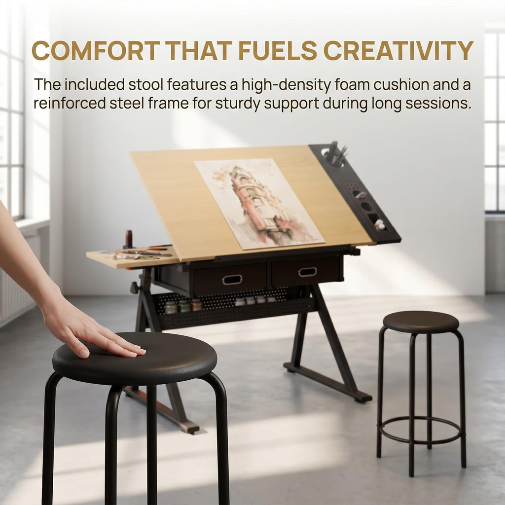 Height Adjustable Drafting Table w/Stool, Painting Table Art Craft Desk Crafting Drawing Desk with Tilting Tabletop, 2 Storage Drawers for Artist Painters (Rustic Brown)