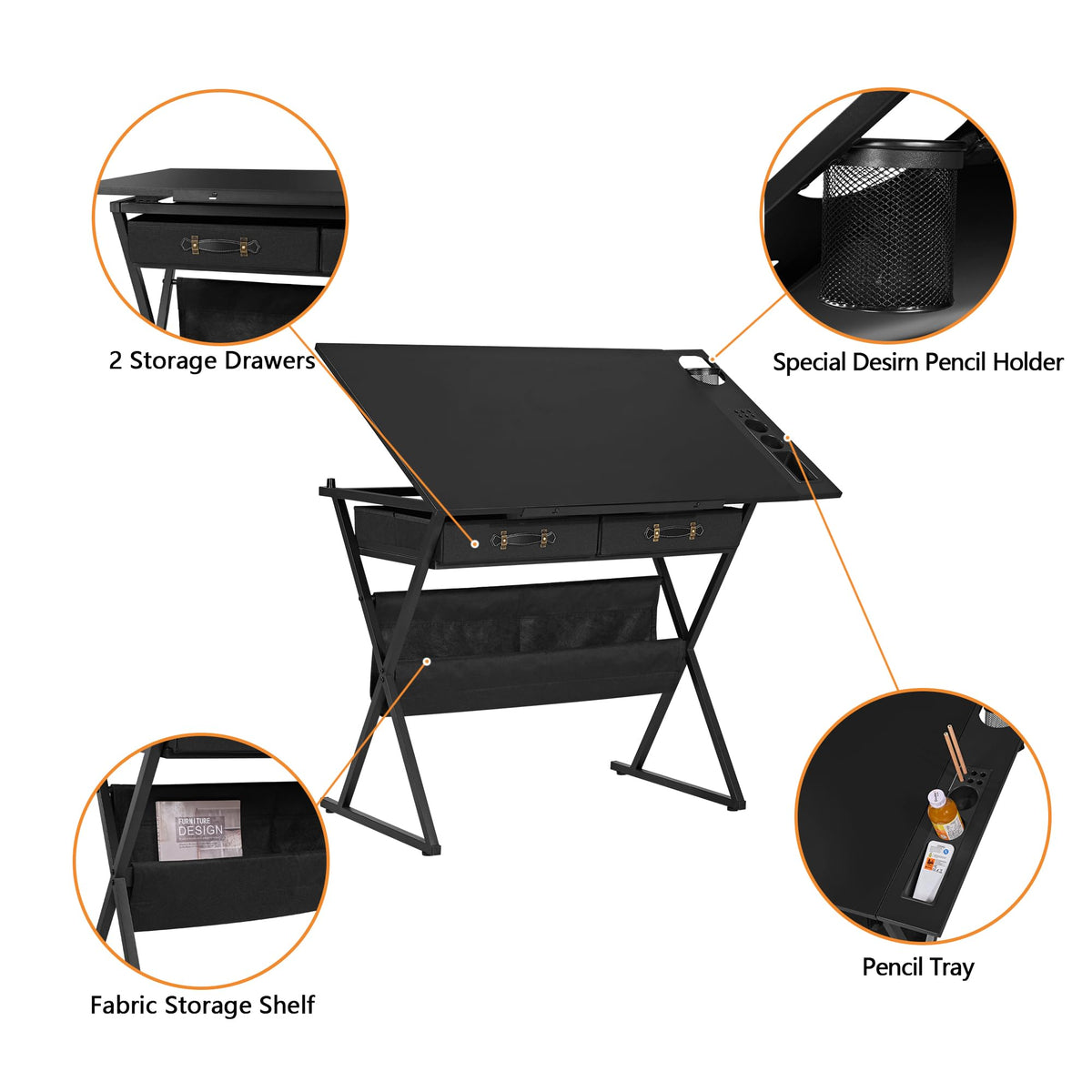 VECELO Drafting Table Art Desk Art Table Adjustable Drawing Table Tilted Tabletop with 2 Storage Drawers and Stool, Drawing Desk for Artist Painters Drawing, Crafting, Reading, Writing, White