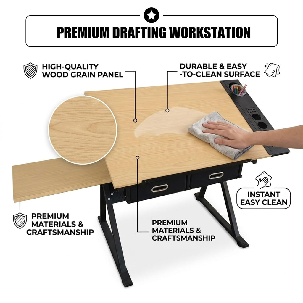 Adjustable Drafting Table, Tiltable Art Drawing Desk with 2 Storage Drawers & Stool, Multi-Functional Art Workstation for Artist Painting Craft Reading Writing (Black-B)