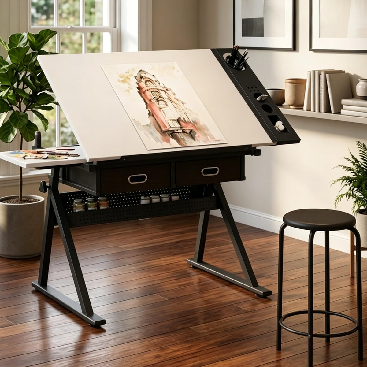 Height Adjustable Tilt Drafting Table with 2 Storage Drawers & Stool Brown