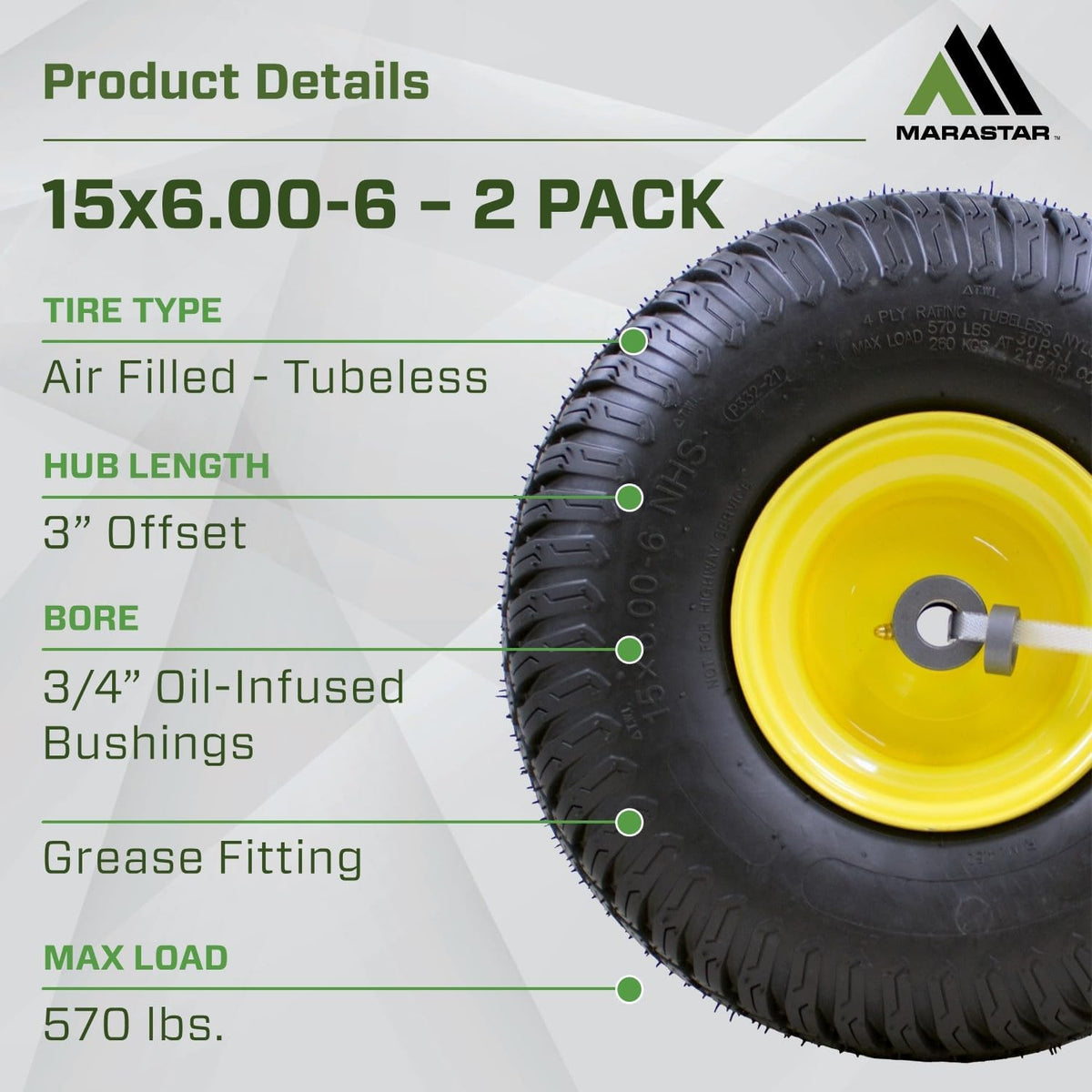 MARASTAR 21425 15x6.00-6 Tire and Wheel Assembly, Replacement Riding Lawn Mower Front Tires Compatible with 100 and 300 Series John Deere Riding Mowers, 2 pack