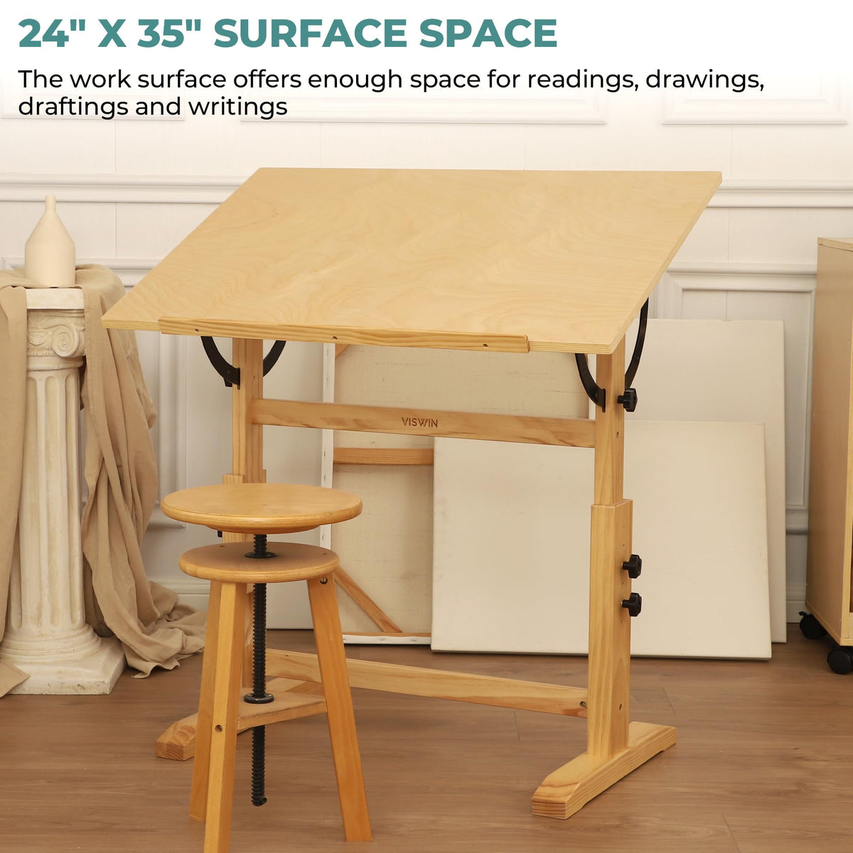 VISWIN Wood Drafting Table for Adults, 24'' x 35" Drawing Table with Adjustable Height & Angle for Art Studio, Solid Pine Wood Artist Desk for Drawing, Drafting, Writing, Reading, Sketching