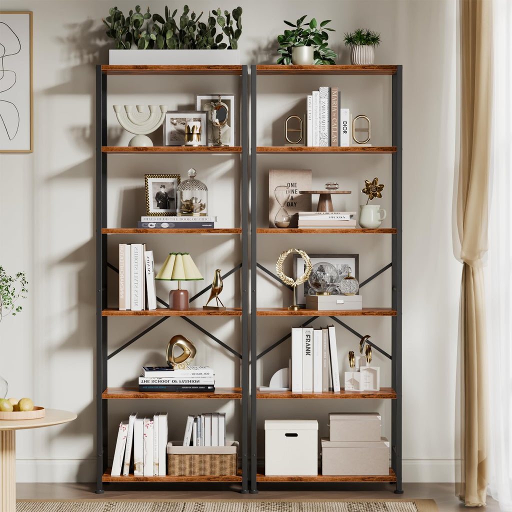 Furologee 5 Tier Book Shelf Set of 2, Tall Wide Bookshelf, Rustic Brown