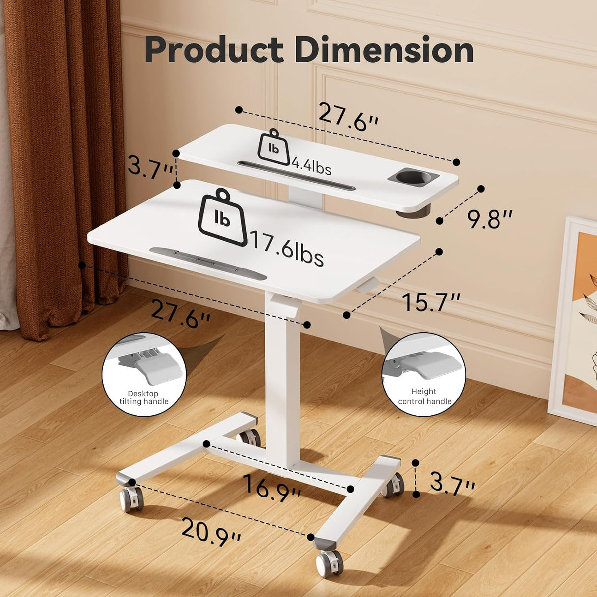 28" Mobile Standing Desk, Tiltable Top with 2-Tier Shelves, White