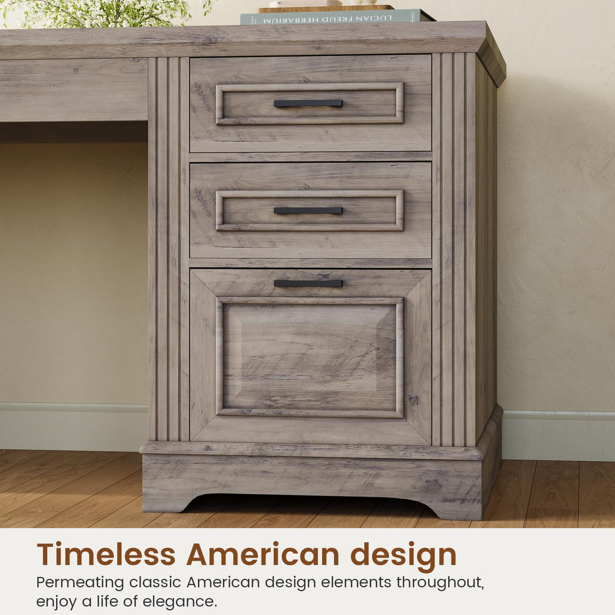 Itaar Farmhouse L Shaped Desk, Executive Computer Desk with Drawers and Storage Cabinet, Home Office Desk with File Drawer and Power Outlet, Corner Desk, Workstation for Office Home, Grey