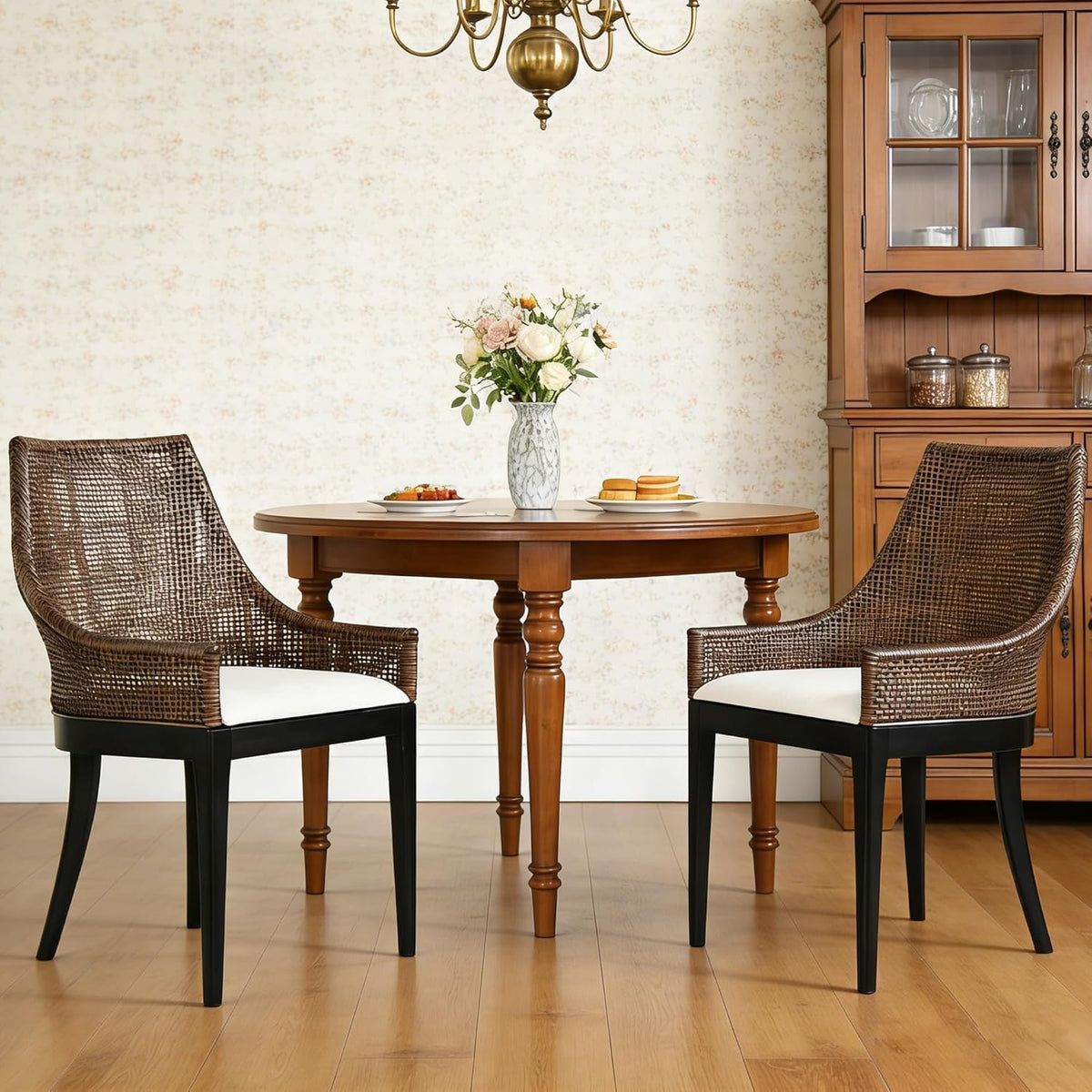 DUHOME 2 Sets Wood Rattan Arm Accent Chairs Natural Wash/White Cushion