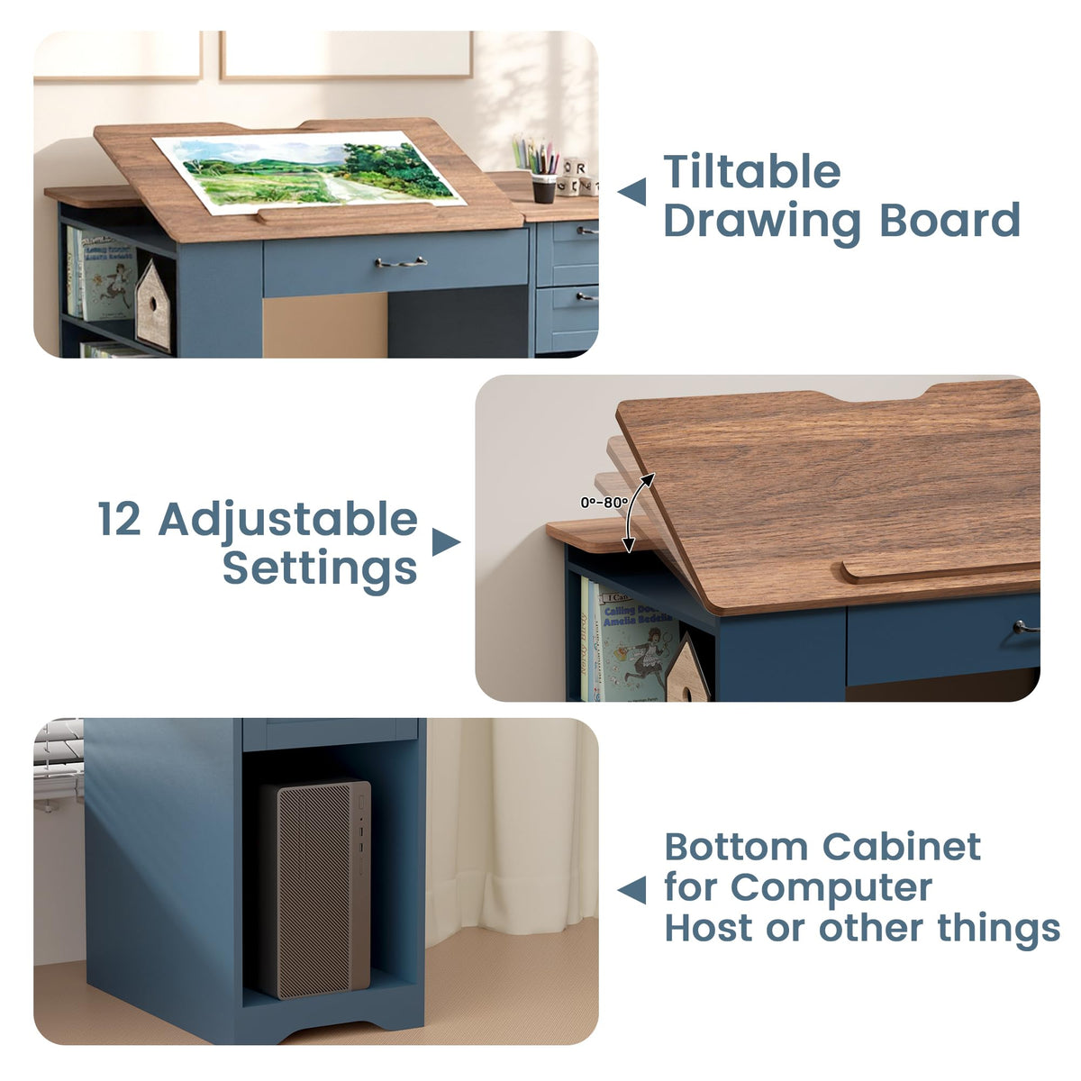 Drafting Table with Storage Cabinet & Drawers, Adjustable Drawing Table with Open Shelves, Craft Art Desk for Artists, Painters, Drawing, Crafting, Reading, Writing, Working