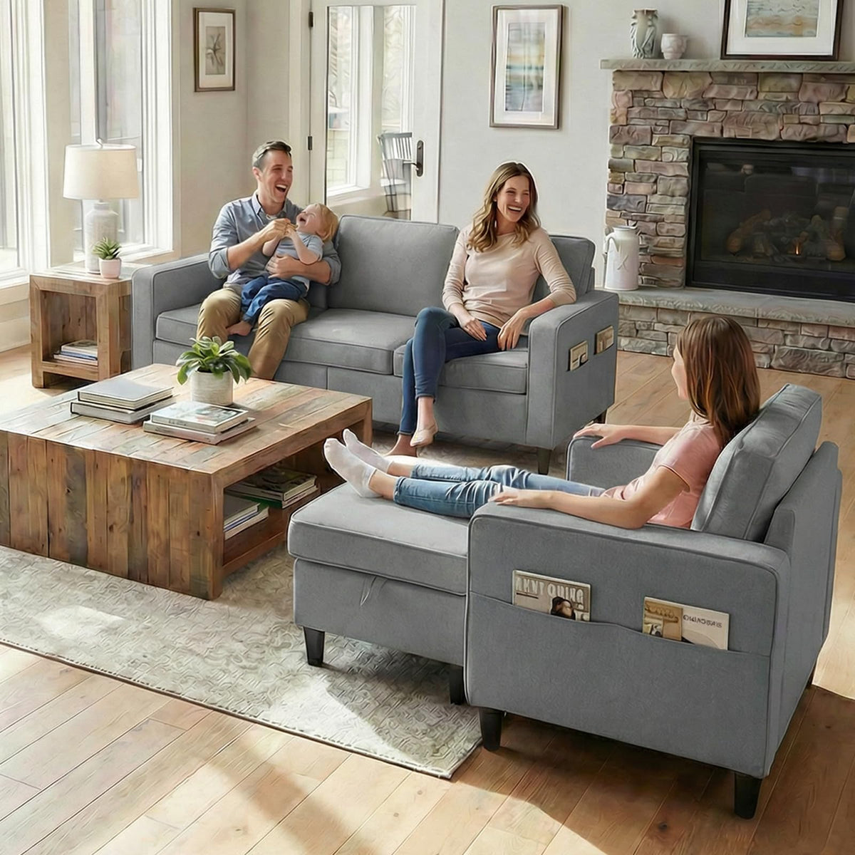 Mjkone 78"W 3 Pieces Sofa Couches Set for Living Room Sets Furniture, Sectional L Shaped 3-Seater Small Sofas Couch and Loveseat Sets with Storage Ottoman and Side Pockets for Home Office, Light Gray