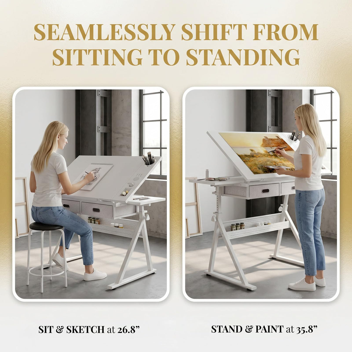 Height Adjustable Drafting Table w/Stool, Painting Table Art Craft Desk Crafting Drawing Desk with Tilting Tabletop, 2 Storage Drawers for Artist Painters (Rustic Brown)