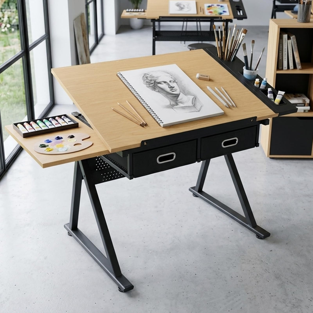 Adjustable Drafting Table, Tiltable Art Drawing Desk with 2 Storage Drawers & Stool, Multi-Functional Art Workstation for Artist Painting Craft Reading Writing (Black-B)
