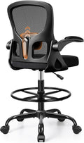 Drafting Chair, Tall Office Chair for Standing Desk with Flip-Up Armrests, Adjustable Foot Ring & Lumbar Support, Breathable Mesh High Desk Stool for Studio & Drafting Table, Black
