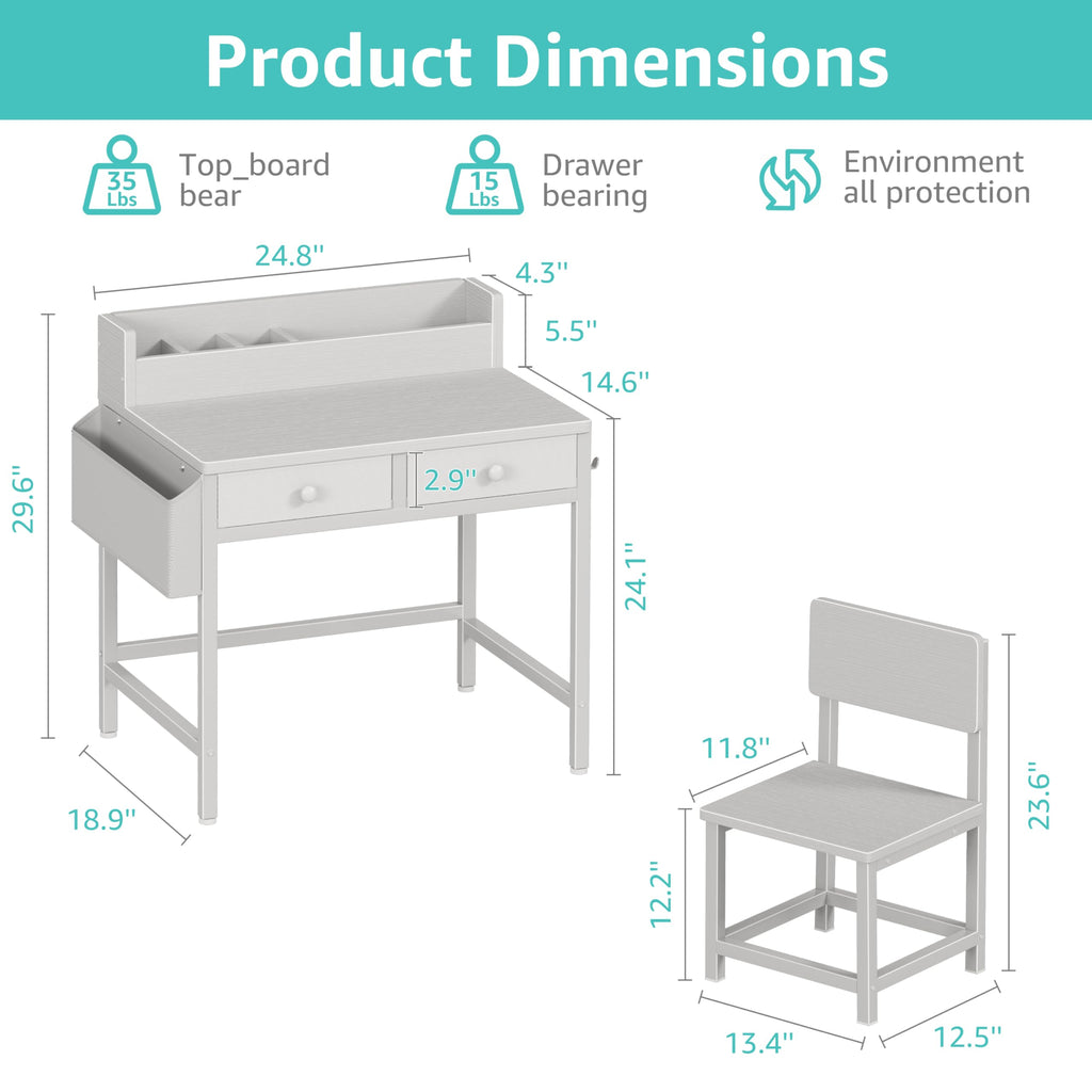 BOLUO White Kids Desk and Chair Set for 5-8 Year Old, Small Child Desk with Fabric Drawer, Children Study Table with Storage Toddler Girls Boys