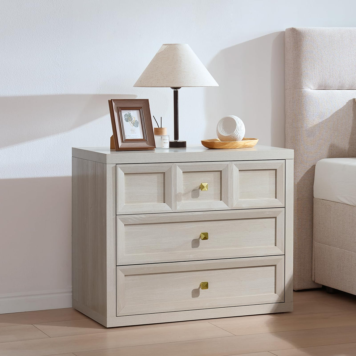 3 Drawers Nightstand Set of 2 W/Charging Station, 30.7" W King Size Bedside Table with 3 Drawers, Accent End Table W/Large Storage, Modern Wood Side Table for Bedroom,Office (2 Pieces, Gray Black)