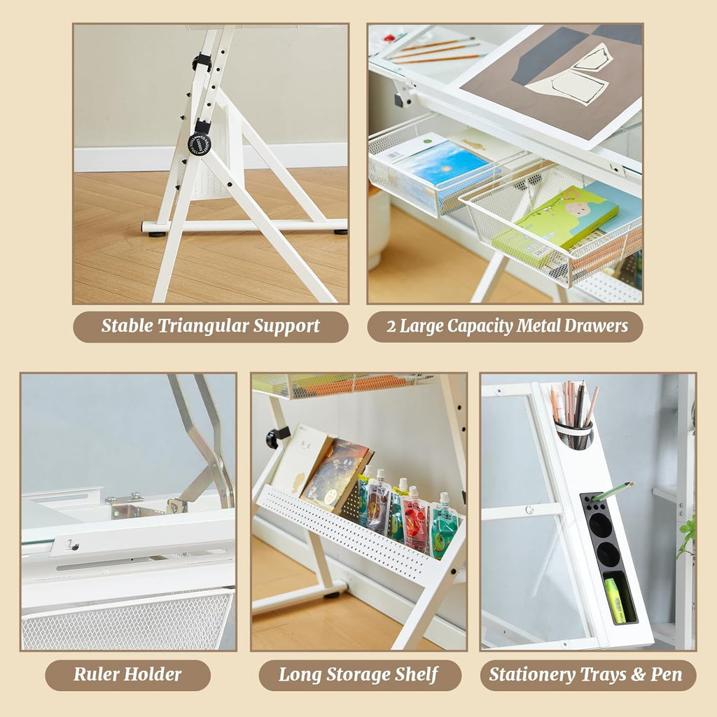 Drafting Table, Adjustable Height Drawing Table Art Table Painting Table Art Craft Desk with 0-75Â° Tilting Glass Tabletop and Storage Drawers, Black
