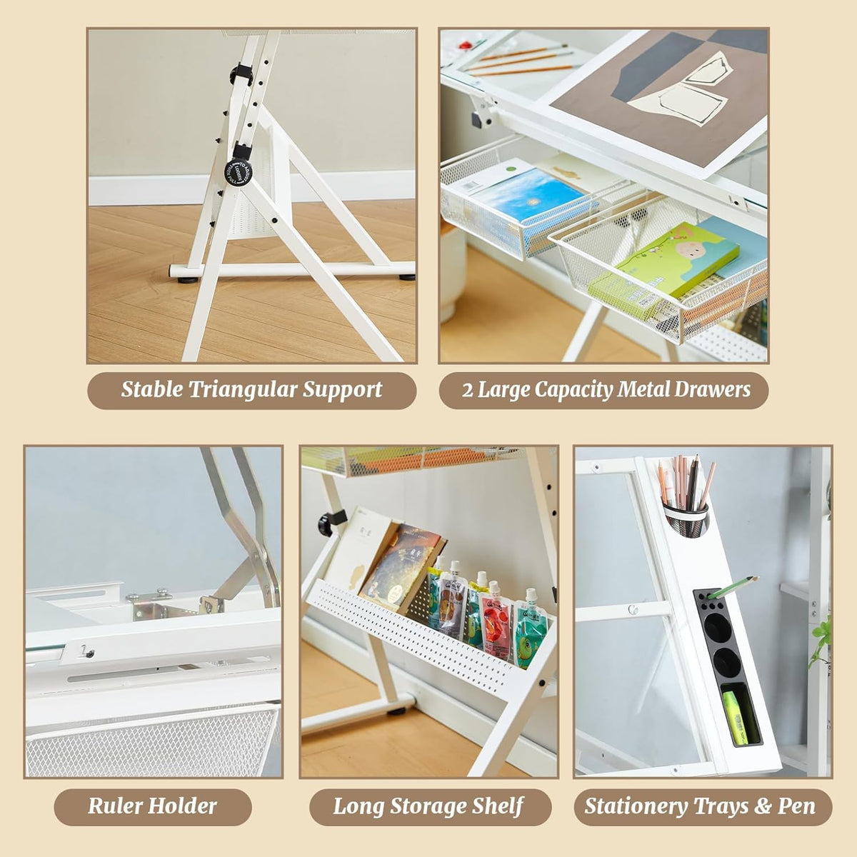 Drafting Table, Adjustable Height Drawing Table Art Table Painting Table Art Craft Desk with 0-75Â° Tilting Glass Tabletop and Storage Drawers, Black