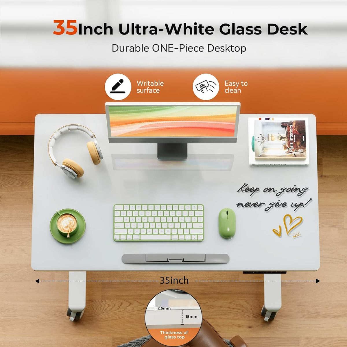 35" Glass Standing Desk, 90Â° Tilt Height Adjustable Drafting Table