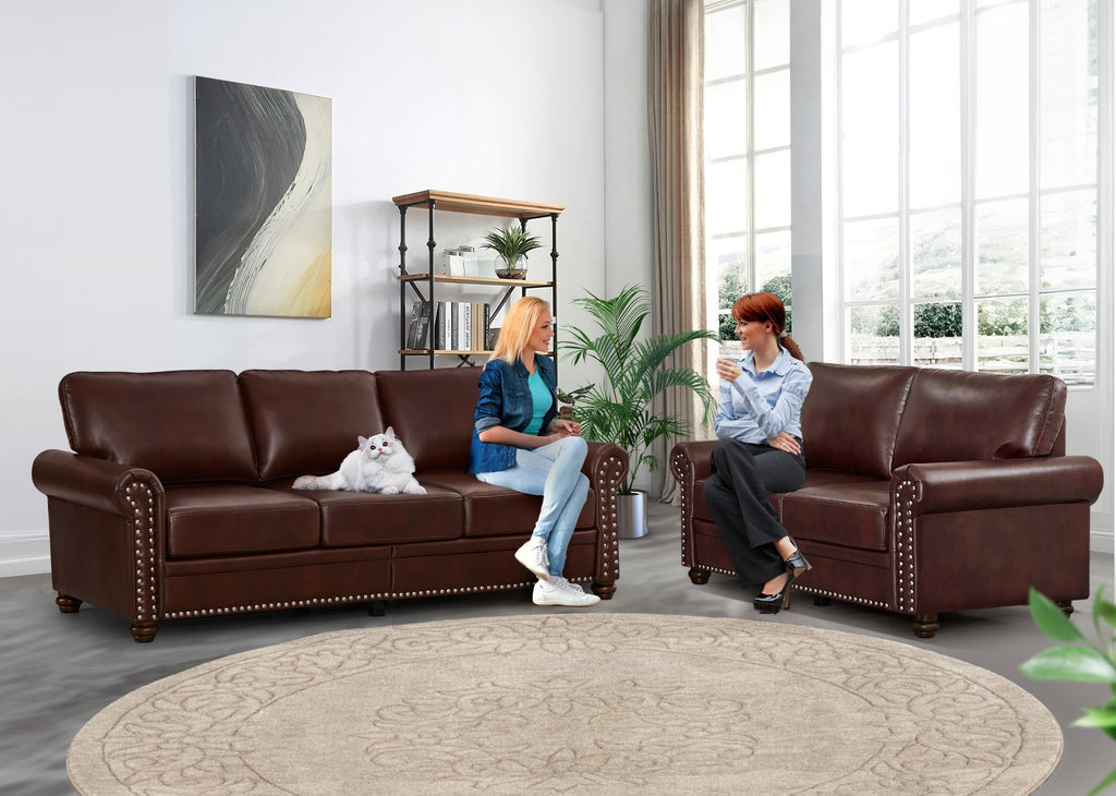 2 Piece Faux Leather Sofa Set,Modern Couch and Loveseat Sets with Storage,Mid Century Couch with Rivet Rolled Arm,Comfy Deep Seat Sofa,Furniture for Living Room,Office(Loveseat+3 Seater,Navy)