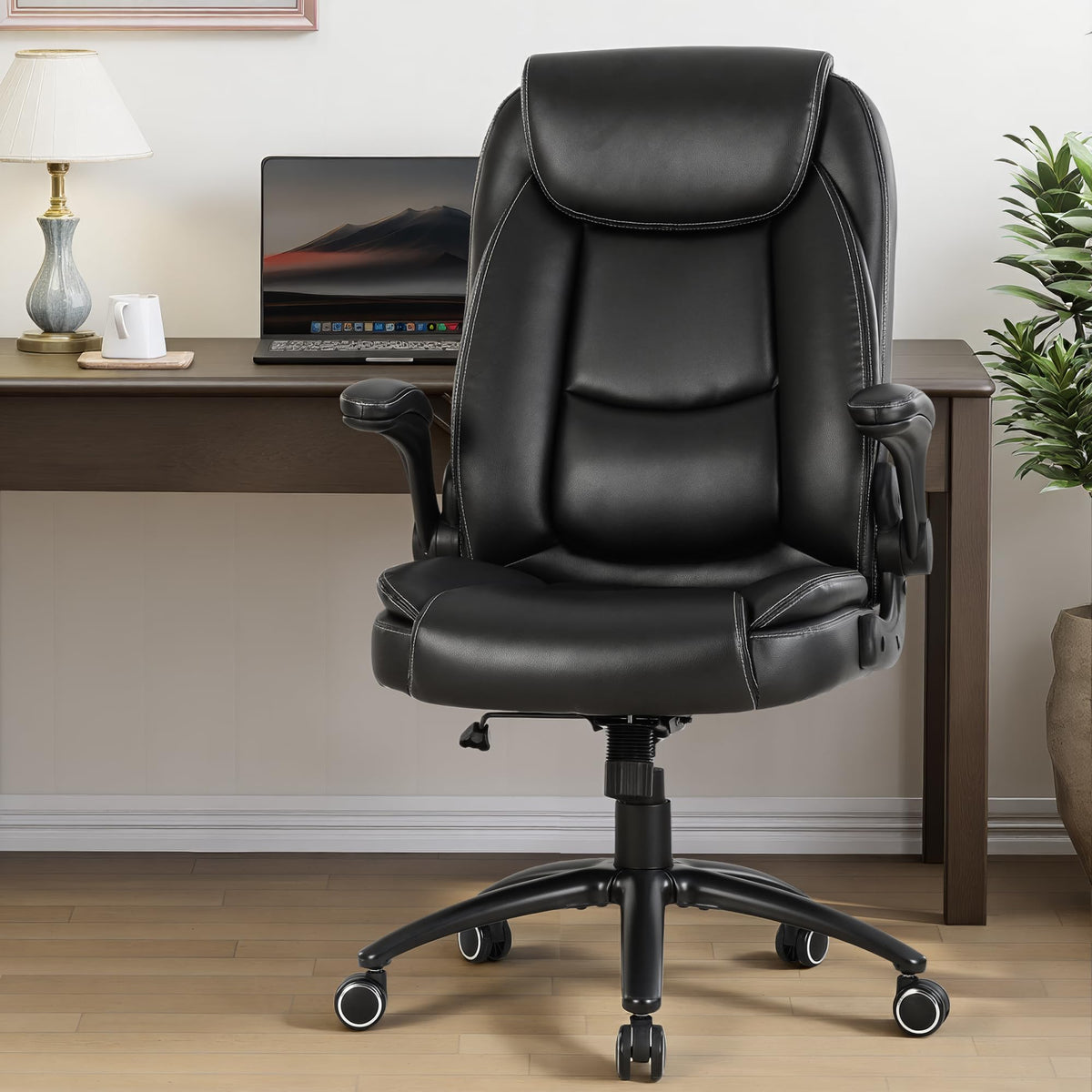 300lbs Capacity Executive Desk Chair with Ergonomic Lumbar Support, Flip-up Arms & High Back Leather Computer Chair for Home/Office, Black