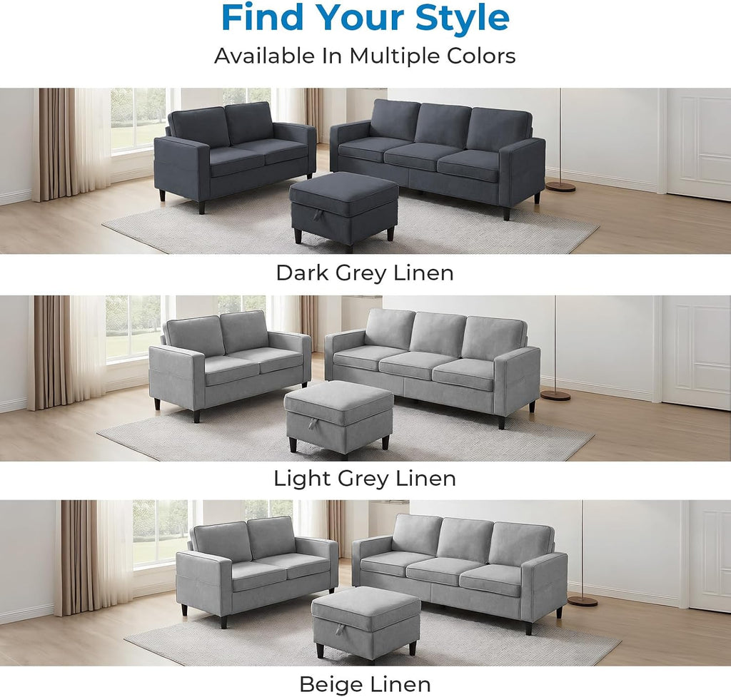 Mjkone 78"W 3 Pieces Sofa Couches Set for Living Room Sets Furniture, Sectional L Shaped 3-Seater Small Sofas Couch and Loveseat Sets with Storage Ottoman and Side Pockets for Home Office, Light Gray