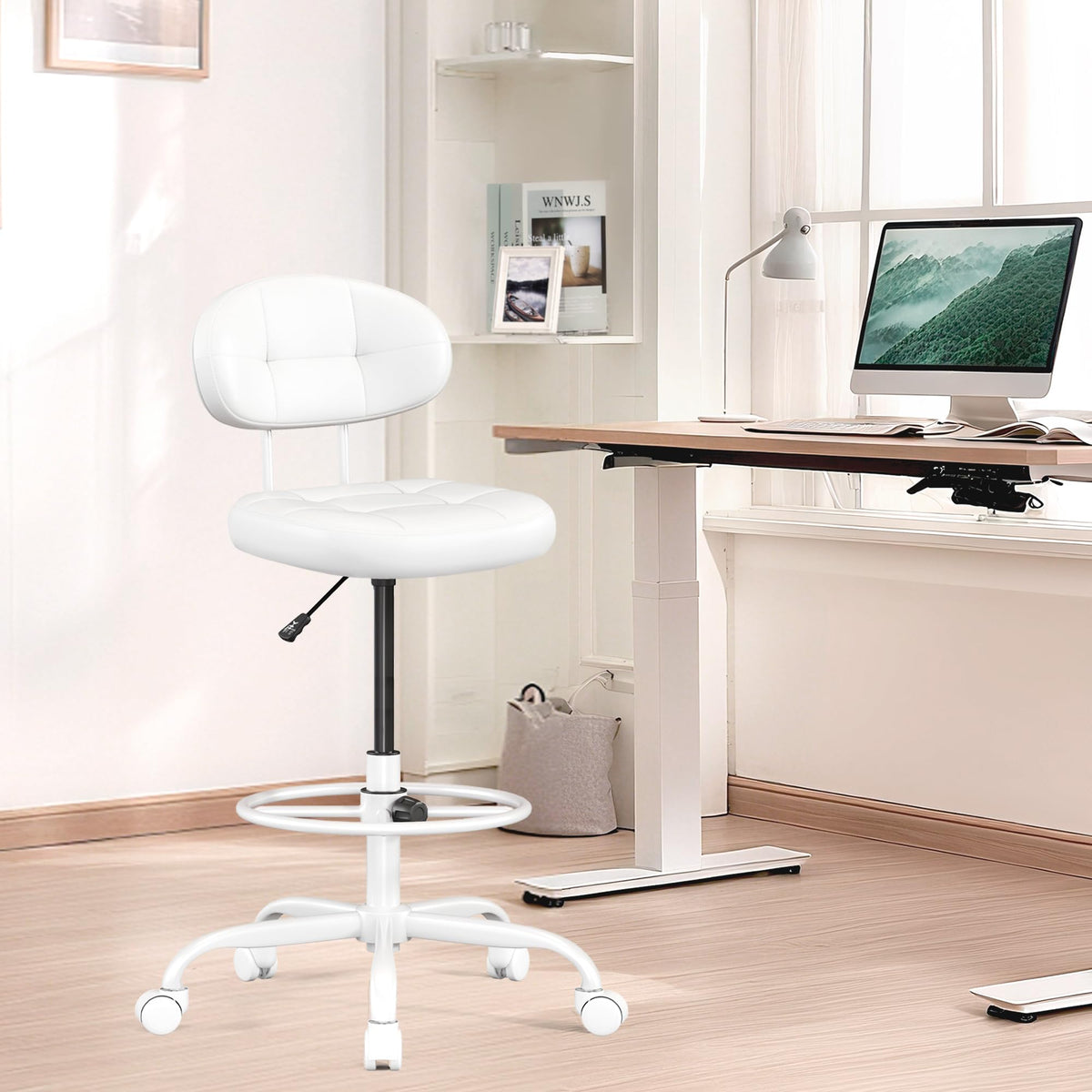 Misolant Drafting Chair, Armless Tall Office Chair with Footrest Ring for Standing Desk, Small Faux Leather Executive Computer Chair with Adjustable Height for Bar Lab Counter Height Desk, Green