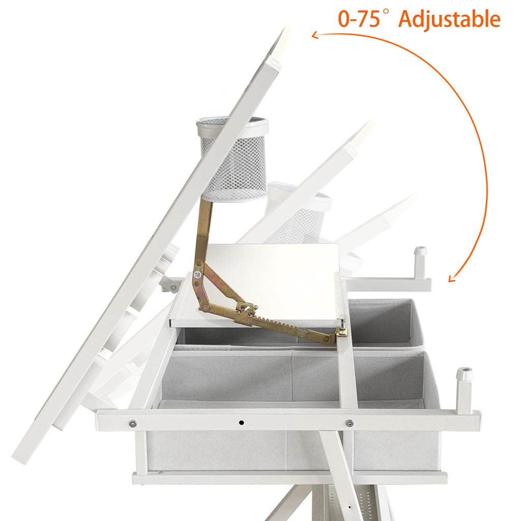 Height Adjustable Drafting Art Table for Adults, White Tempered Glass Drafting Drawing Printing Table Desk with Stool, 0-75Â° Tilting Tabletop Art Drawing Table for Drawing,Hand Crank