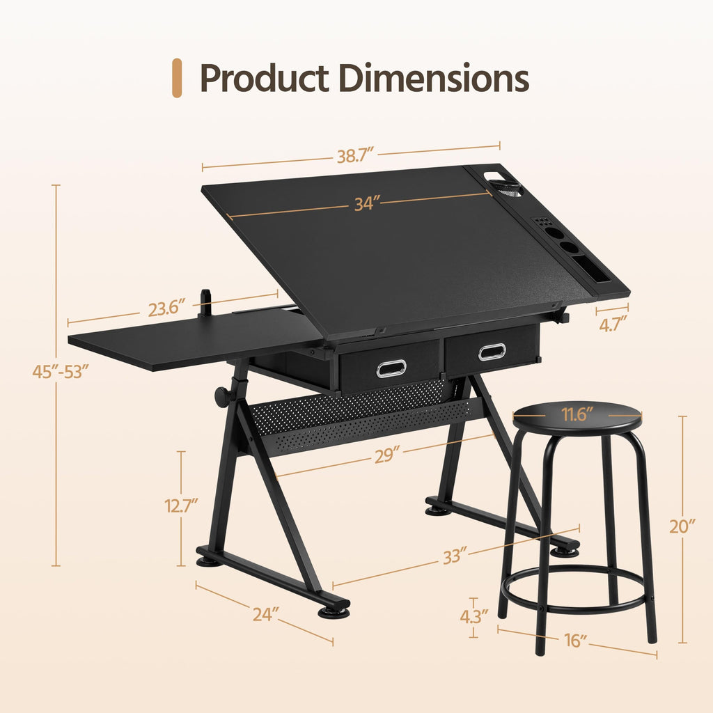 Yaheetech Adjustable Drafting Table Art Desk,Storage Drawers & Stool,White