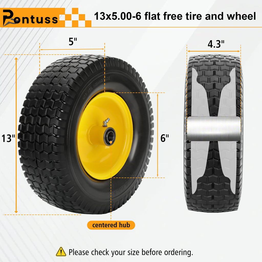2 Pack 15x6.00-6 Flat Free Lawn Mower Tire and Wheel, 15" Solid Front Tires with 3" Centered Hub, 3/4" & 5/8" Bearings and 1" Bushings, Compatible with John Deere Husqvarna Riding Mowers Lawn Tractors