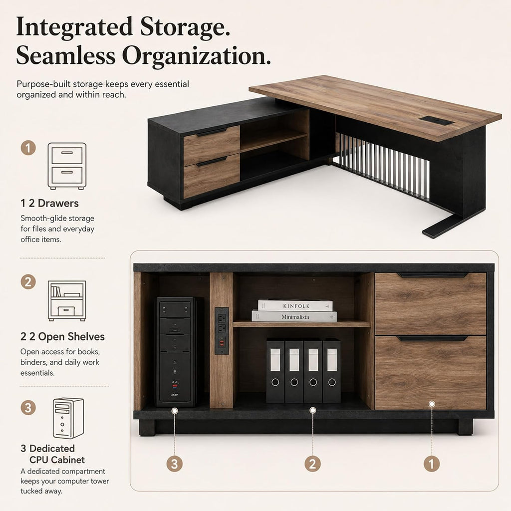 78.7 Inch Large Executive Desk with Drawers Cabinet, L Shaped Office Desk, Computer Desk with Universal Charging Ports and Cable Management for Business Furniture Set Workstation for Home Office