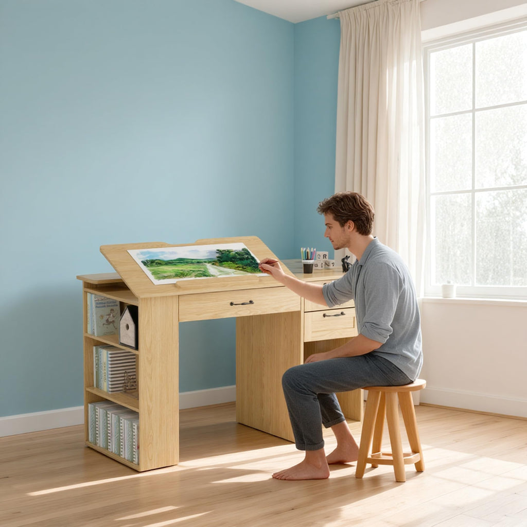 Drafting Table with Storage Cabinet & Drawers, Adjustable Drawing Table with Open Shelves, Craft Art Desk for Artists, Painters, Drawing, Crafting, Reading, Writing, Working