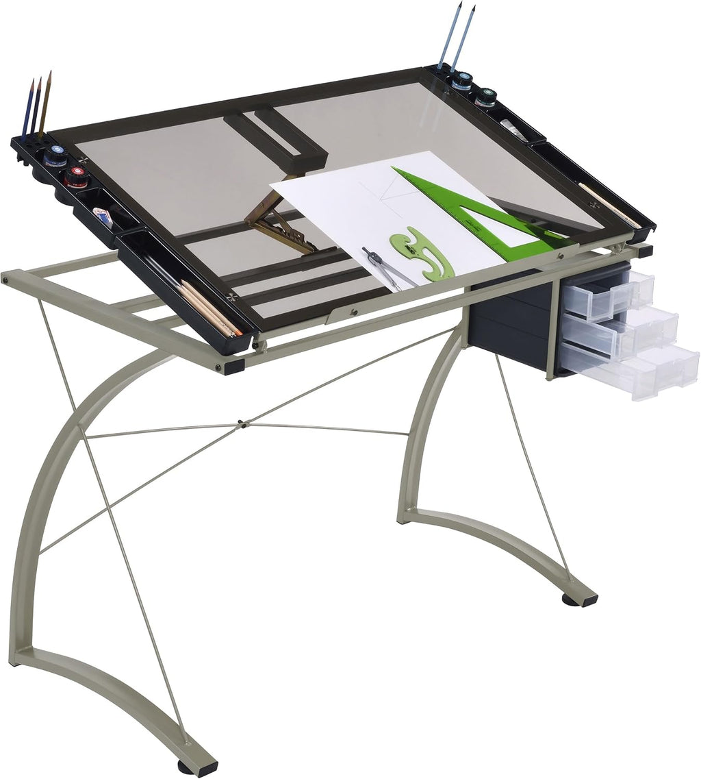 Coaster Home Furnishings - Melo - Metal and Glass - 41-Inch Drafting Table with Adjustable Pitch, Three Drawers, Retractable Pencil Ledge and Storage Compartments - Home Office - Silver - 800986