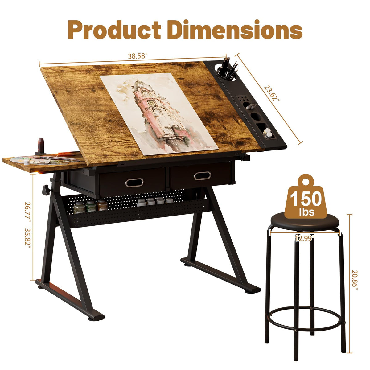 Drafting Table and Stool Set for Adults/Artists, Drawing Table with Adjustable Tabletop and Height, Art Workstation for Painters Crafting Reading Writing Home Office, All White