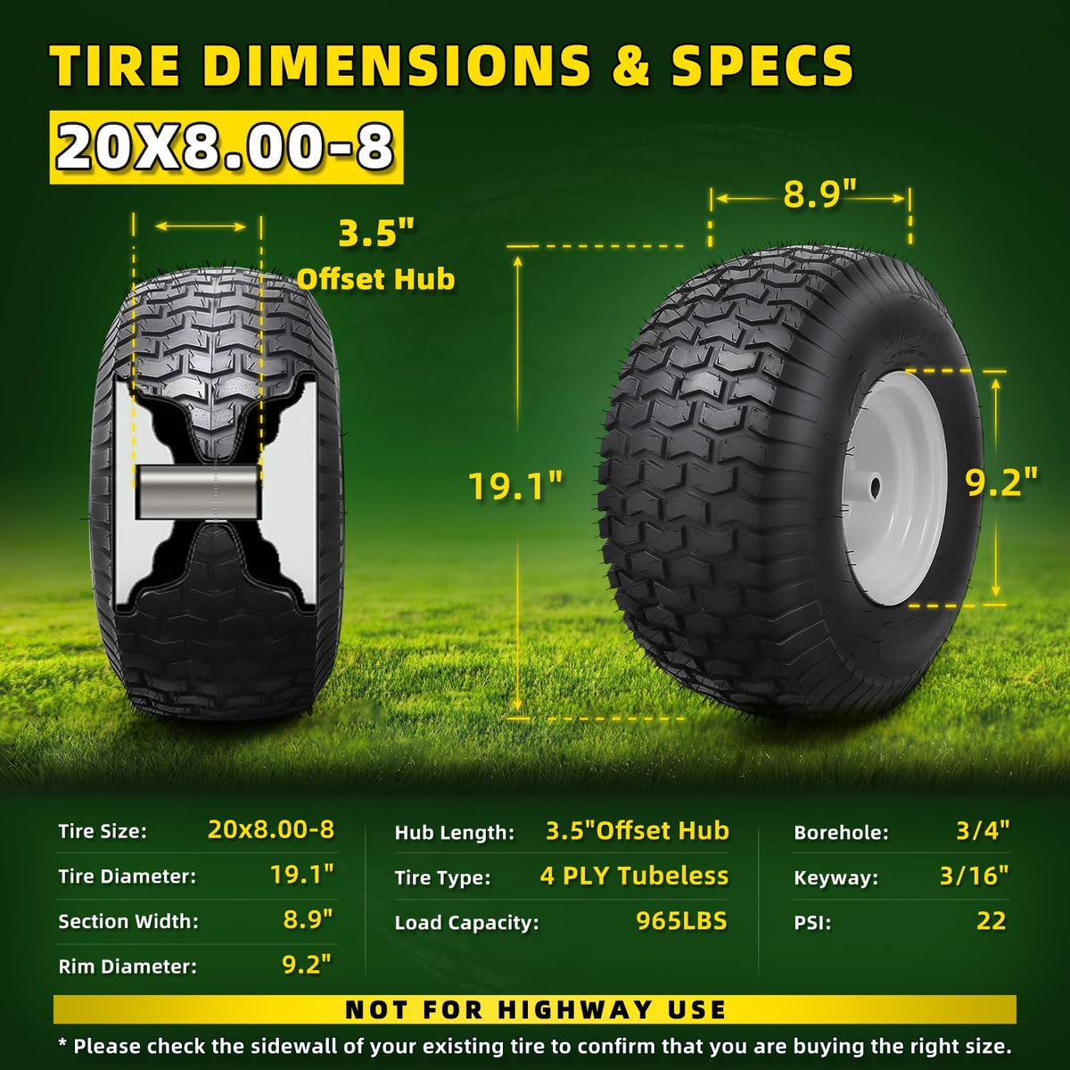 (2 Pack) 20x8.00-8 Tubeless Rear Riding Mowers Tire and Wheel Assemblies