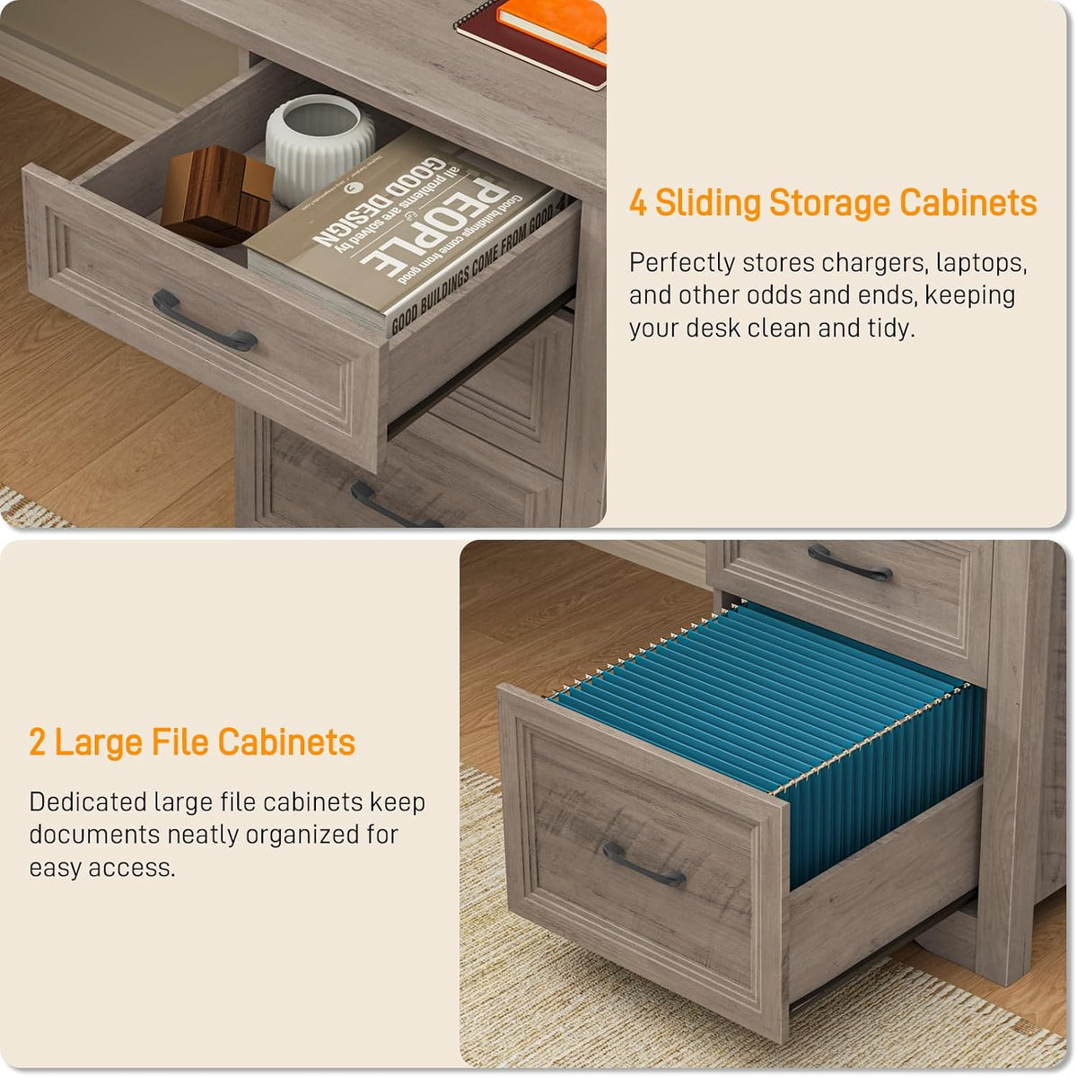 Halitaa Farmhouse Home Office Desk with 6 Drawers, L Shaped Executive Desk with Power Outlets and Triangle Under-Desk Storage Shelf & Drawer File Cabinet, Corner Computer Desk, Grey