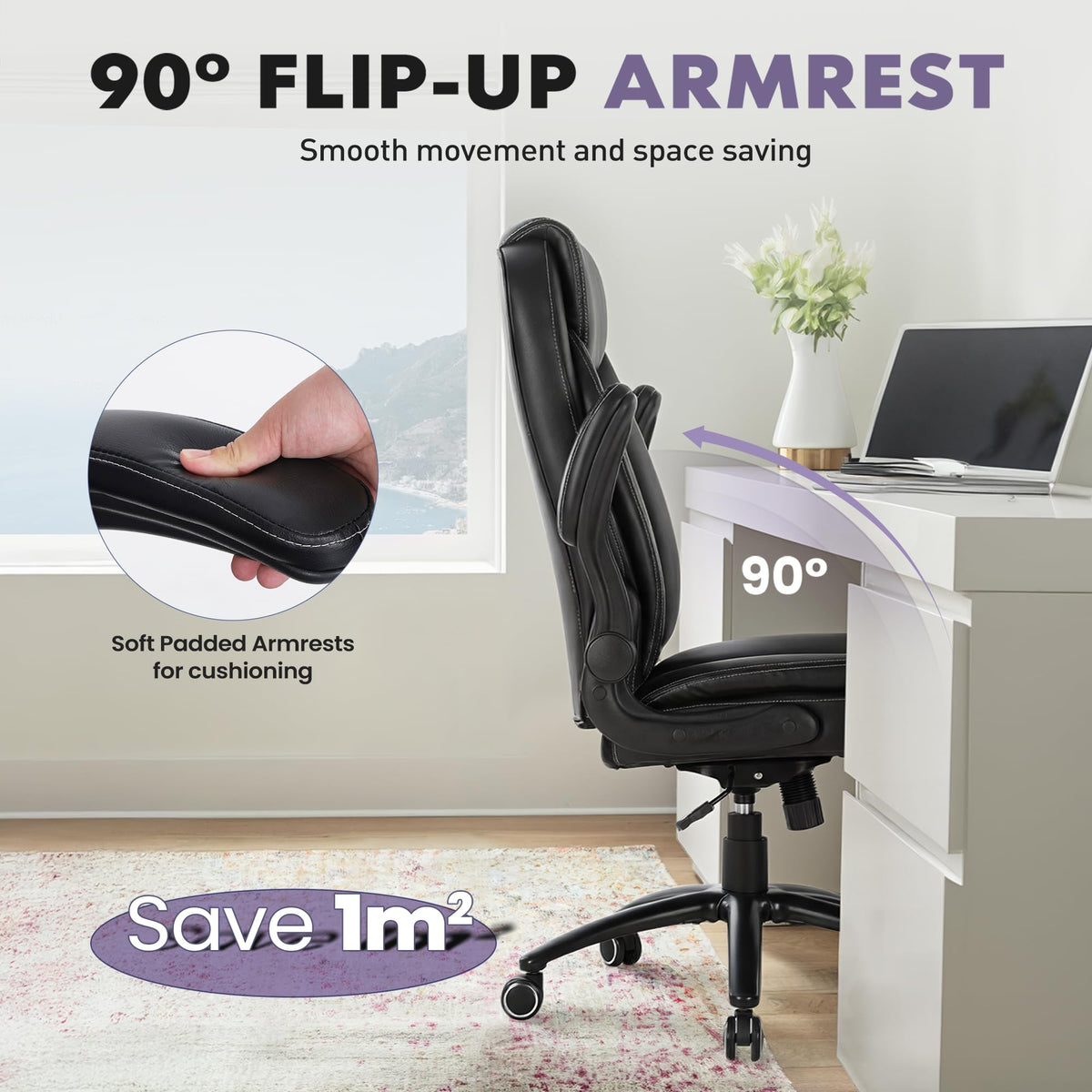 300lbs Capacity Executive Desk Chair with Ergonomic Lumbar Support, Flip-up Arms & High Back Leather Computer Chair for Home/Office, Black