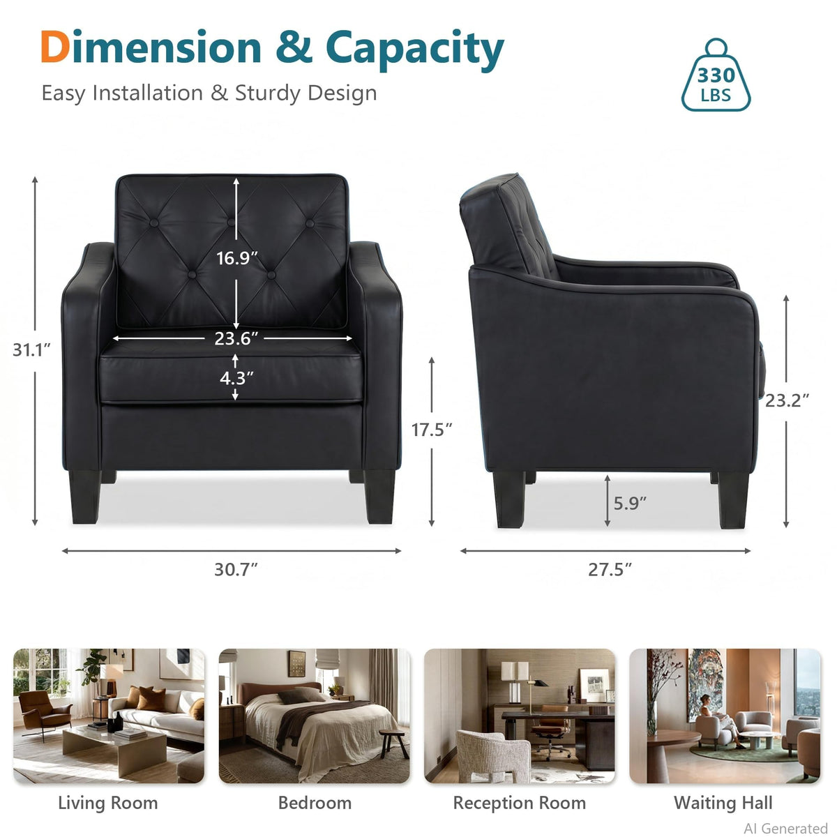 Grey Accent Chairs Set of 2, Wide Comfy Arm Chairs for Living Room, Office