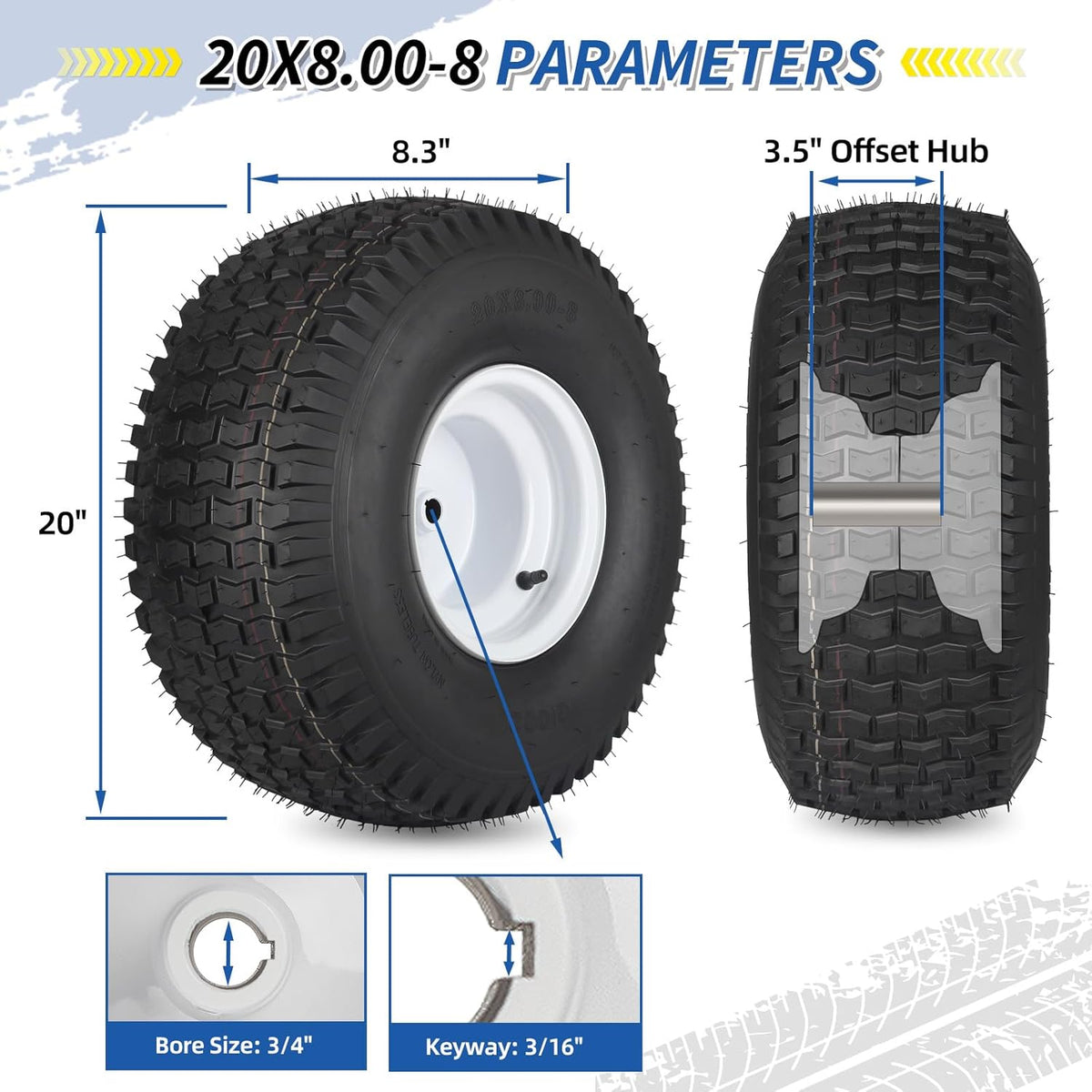 GICOOL 20x8.00-8 Lawn Mower Tire and Wheel, 4 Ply Tubeless Tire, 20x8-8nhs Riding Lawn Mower and Tractor Rear Tire and Wheel Assemblies, 3.5" Offset Hub, 3/4" Borehole, and 3/16" Keyway